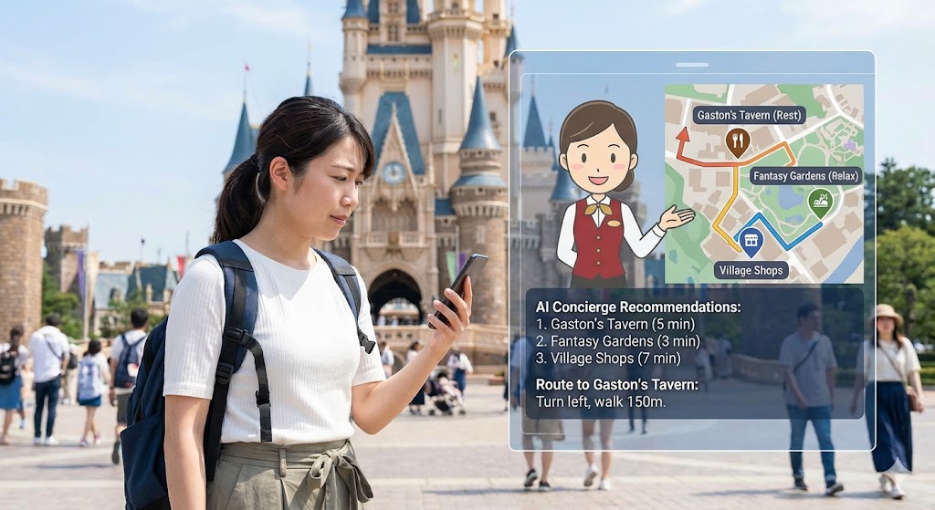 ディズニーリゾートでAIコンシェルジュに相談してもらってる人の写真