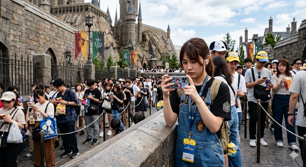 ユニバの待ち時間にスマホでアニメを観る人のイメージ画像