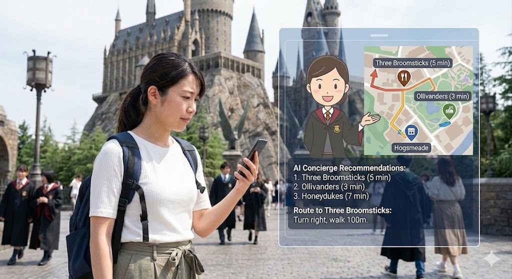 ユニバでAIコンシェルジュに道を聞いてるイメージ写真