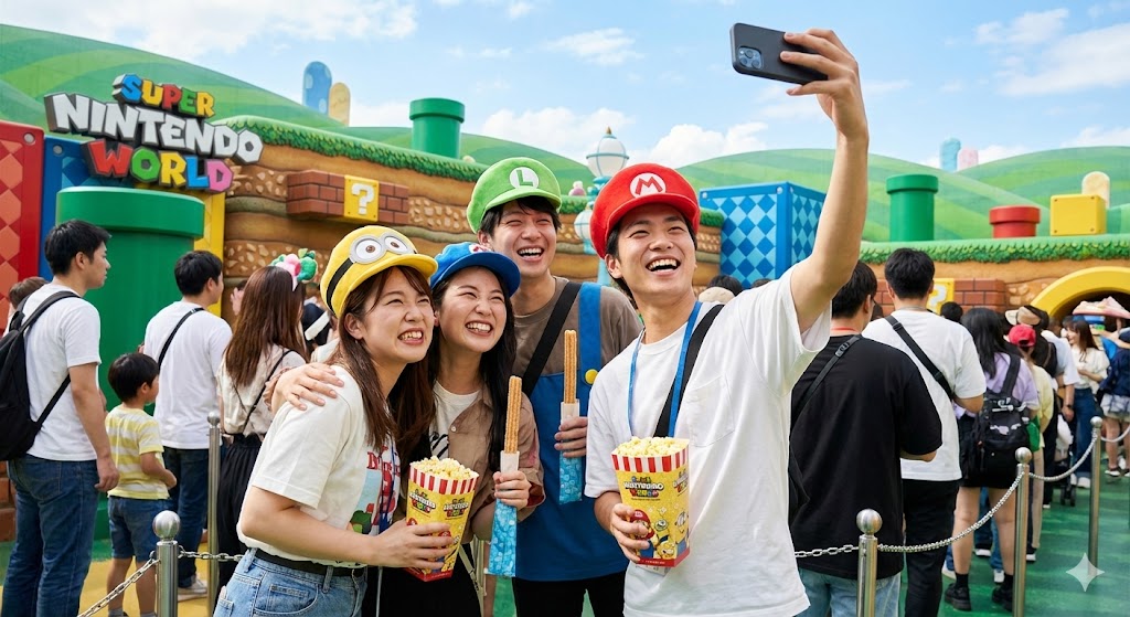 ユニバの待ち時間に写真を撮る4人グループの写真