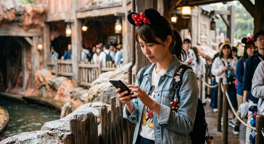 ディズニー待機中にスマホフォルダの断捨離をしている女性の写真