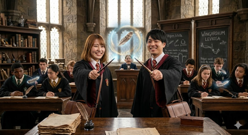 ホグワーツの授業でウィンガーディアム・レヴィオーサを習っている時の写真