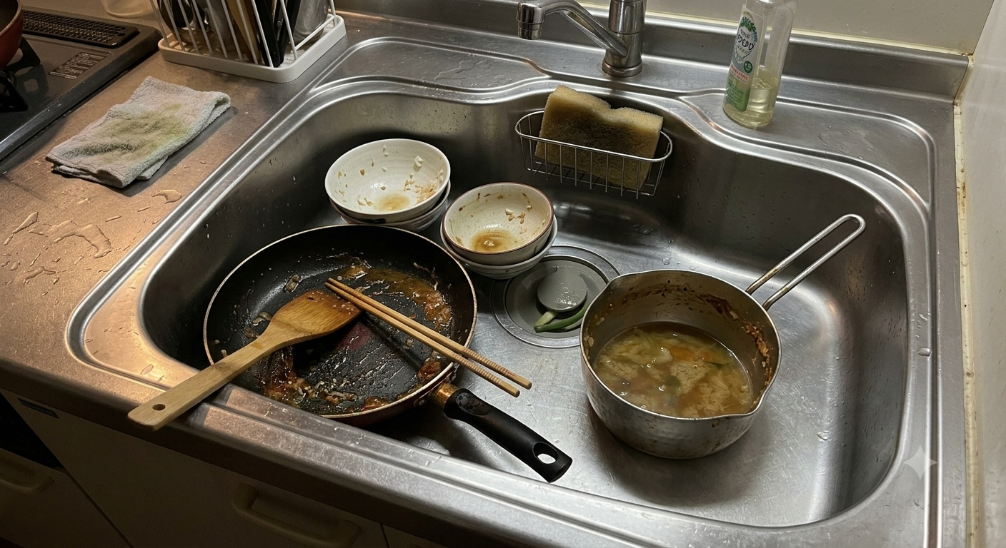 一人暮らし、料理後のシンク
